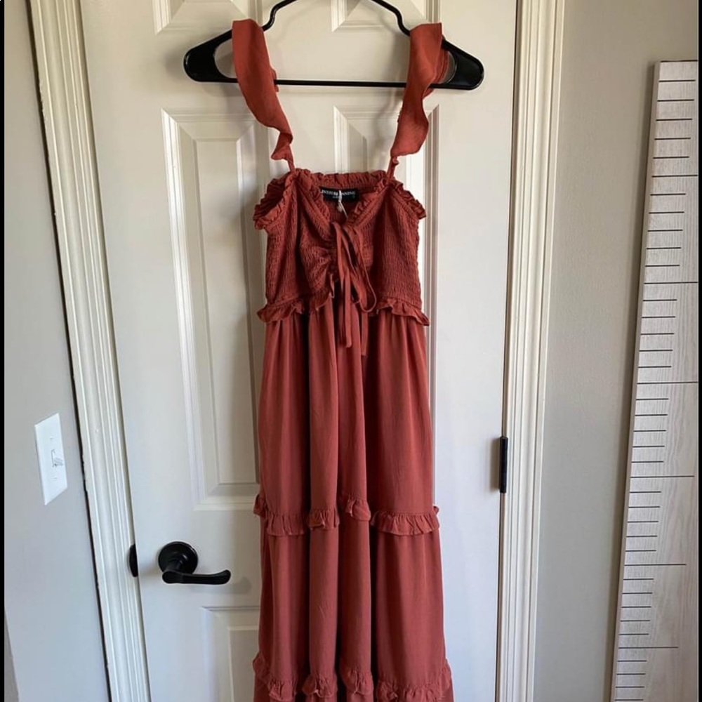 Rust Ruffle Tiered Maternity Midi Dress